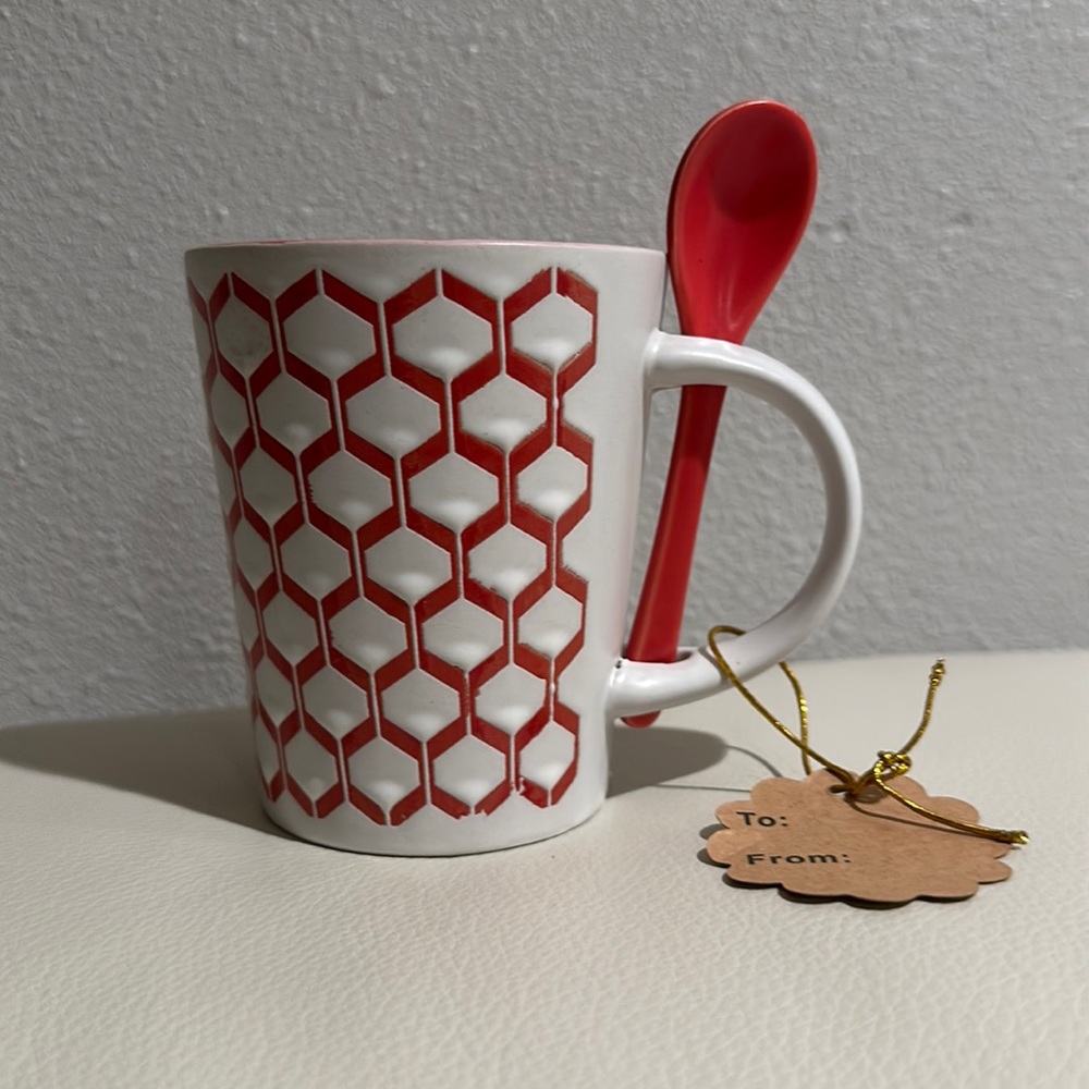 Graydon Hall Red/Salmon Colored Mug with Design And Spoon